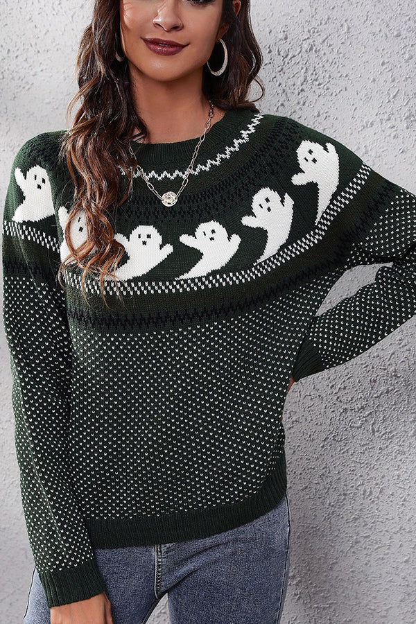Suéter de punto de manga larga con lunares retro de fantasma de Halloween para mujer