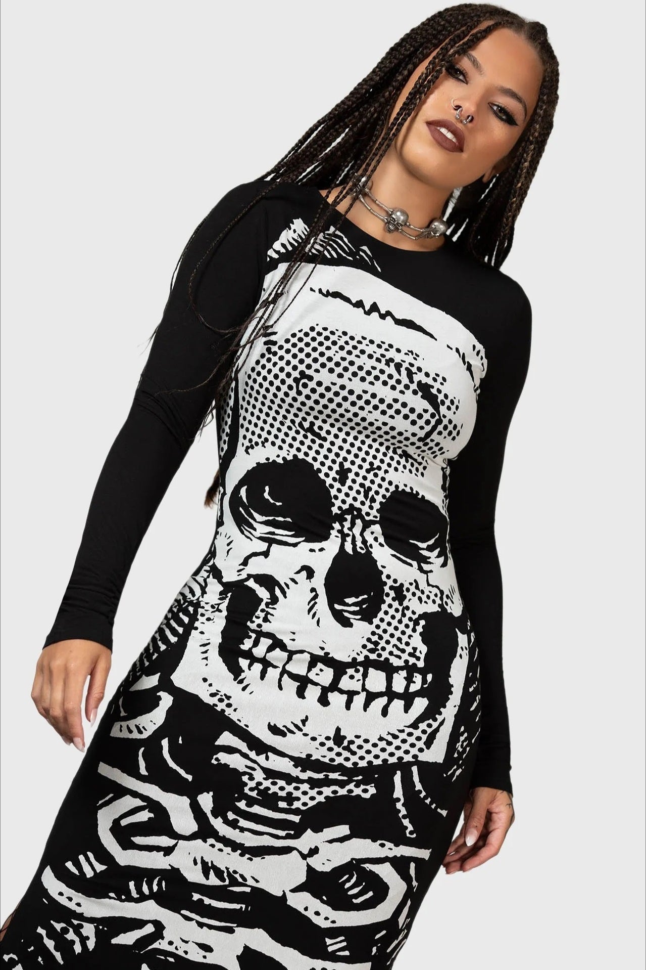 Oversized Skull Print Long Sleeve Slit Maxi Dress