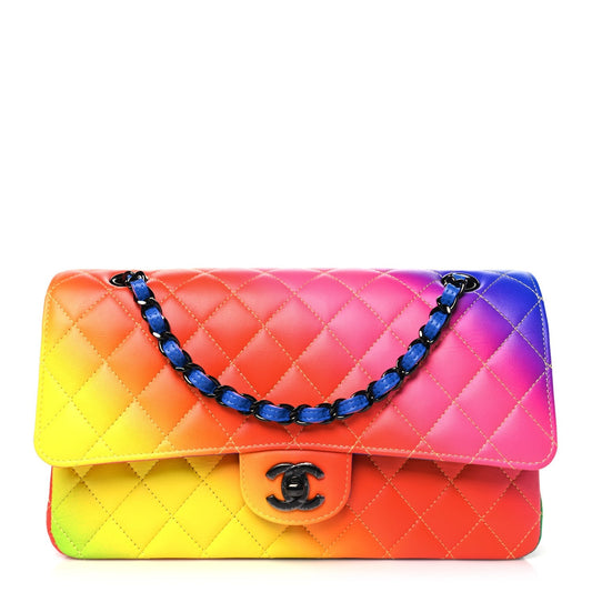 Calfskin Quilted Medium Rainbow Double Flap Multicolor