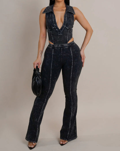 Washed Distressed Line Stitching Suit