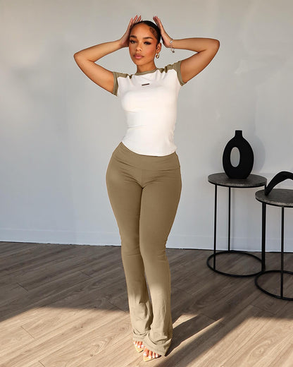 Women Clothing Spring Summer Color Matching Sports Dance Fitness Yoga Short Sleeve Trousers Two Piece Set