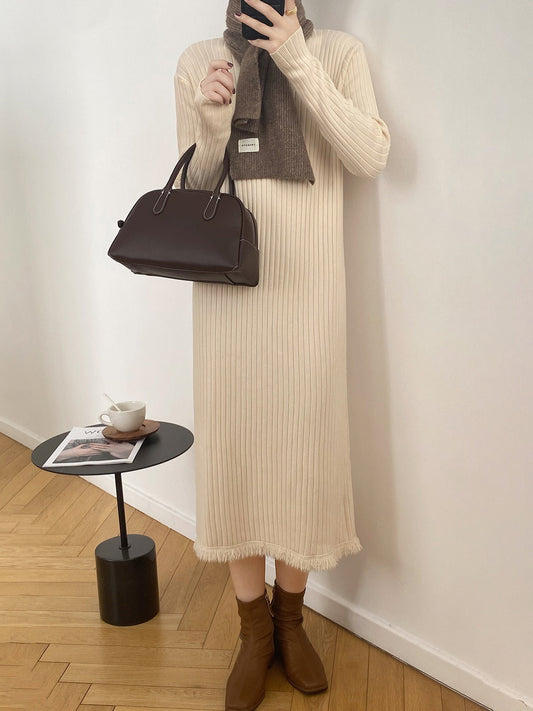 Suéter de cuello alto para otoño e invierno para mujer, largo medio por debajo de la rodilla, abrigo básico con borlas, vestido de punto con vuelo