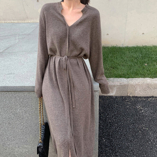 Vestido Otoño Invierno Sencillo Temperamental Adelgazante Color Sólido Largo Medio Sobre la Rodilla Cintura con Cordón Vestido de Punto para Mujer