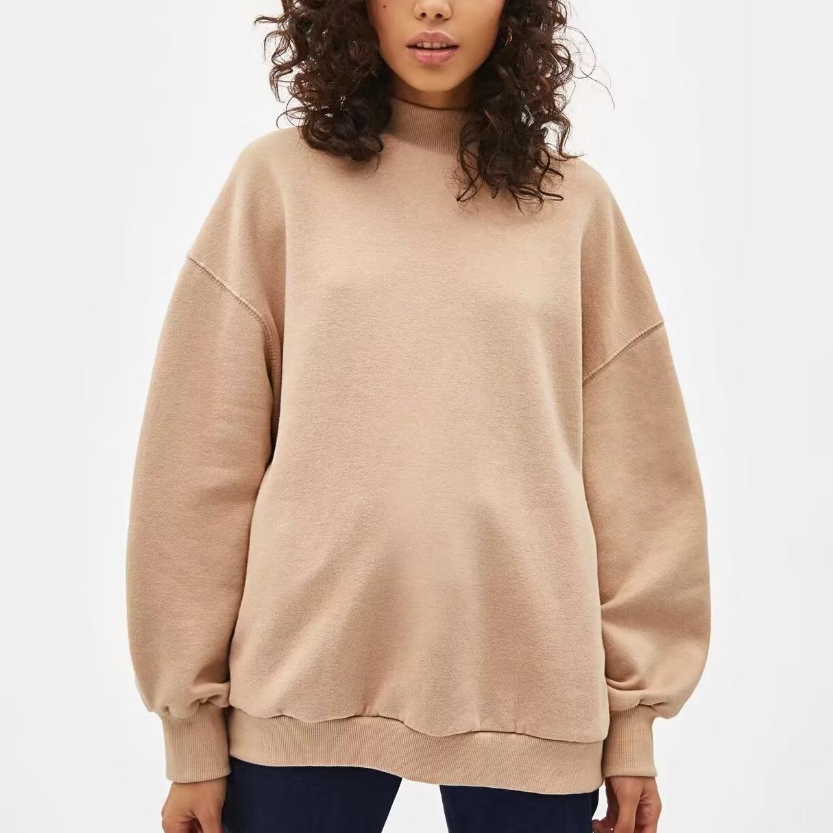 Sudadera de otoño e invierno sencilla, holgada, informal, con cuello alto y forro polar, de color liso, para mujer