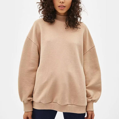 Sudadera de otoño e invierno sencilla, holgada, informal, con cuello alto y forro polar, de color liso, para mujer