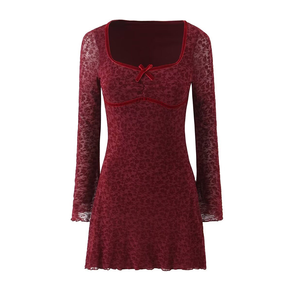 Vestido retro flocado de jacquard de manga larga para mujer, vestido de malla ajustado sexy francés para otoño e invierno.
