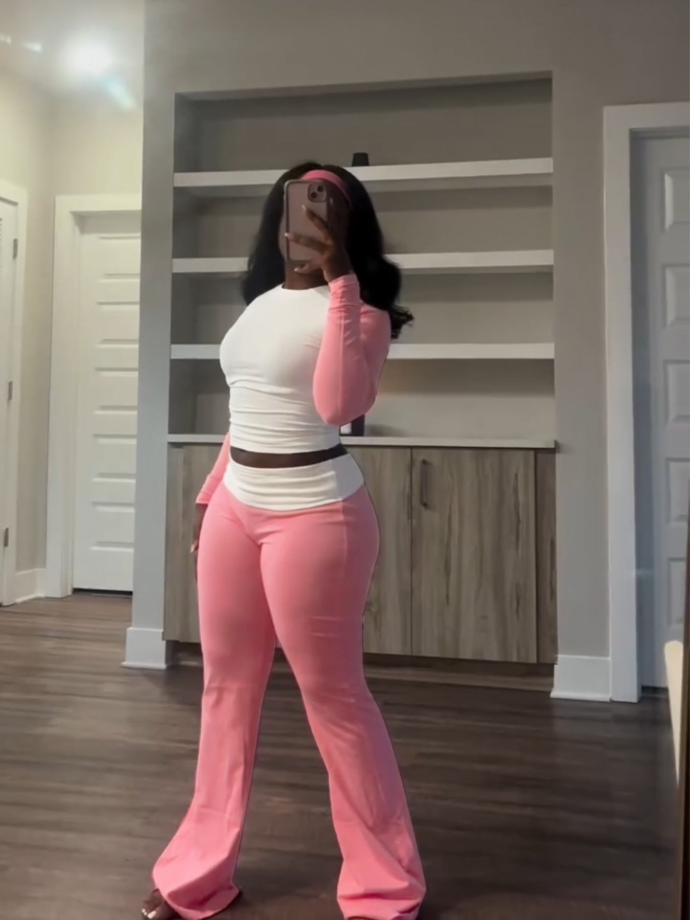 Conjunto de dos piezas de ropa para mujer, con cintura alta, ajustado, forrado con forro polar y pantalones ajustados de color contrastante