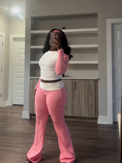 Conjunto de dos piezas de ropa para mujer, con cintura alta, ajustado, forrado con forro polar y pantalones ajustados de color contrastante