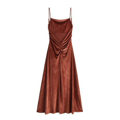 Vestido midi plisado con tirantes para mujer de otoño