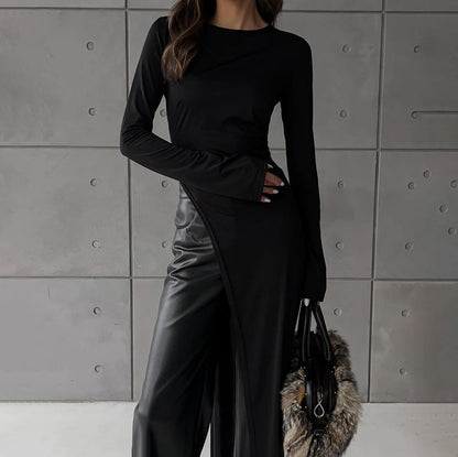 Vestido de primavera y otoño con abertura asimétrica irregular, color liso, cuello redondo y manga larga para mujer