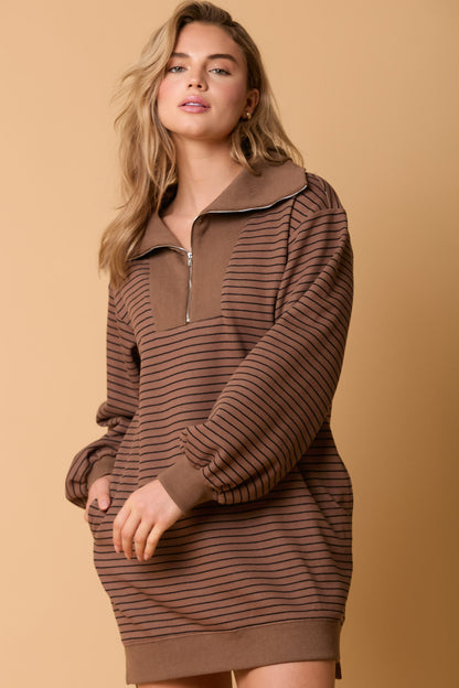 Vestido informal holgado de manga larga con cuello polo y rayas para mujer de otoño e invierno.