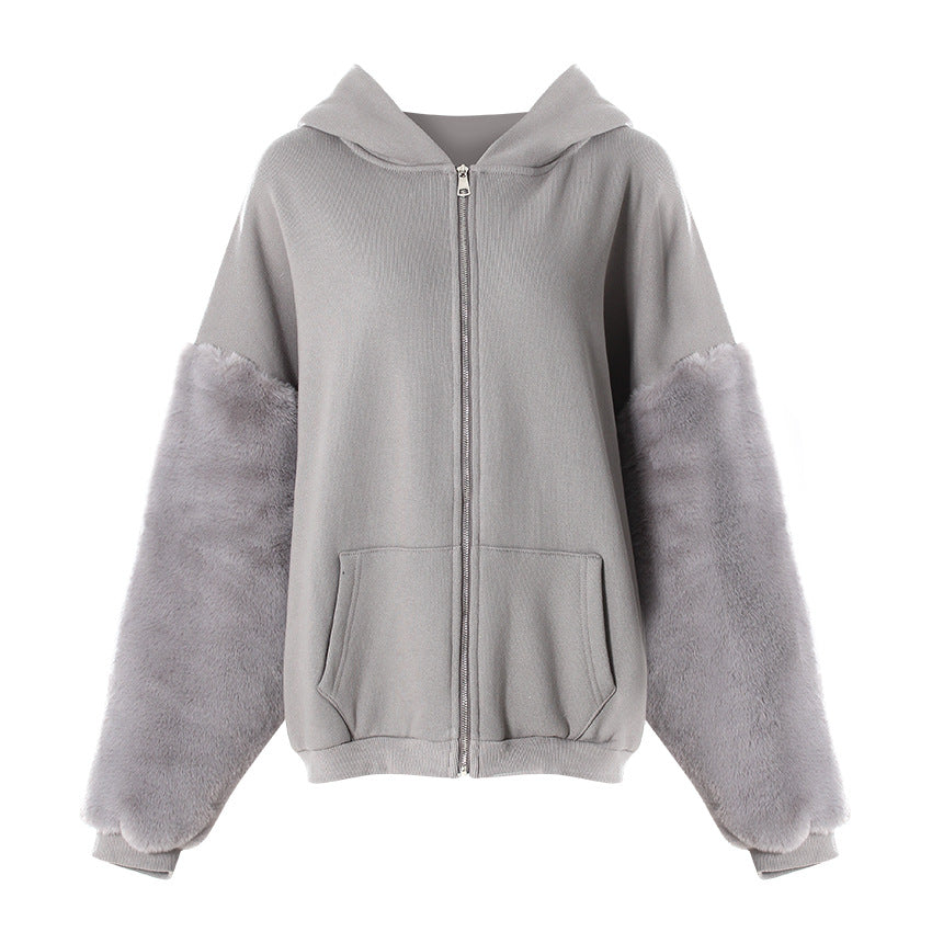 Sudadera con capucha de invierno con forro polar y mangas peludas para mujer, estilo informal, holgado, con mangas largas, tipo cárdigan, prenda exterior