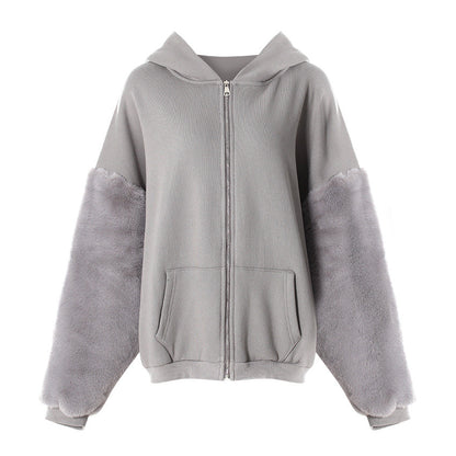 Sudadera con capucha de invierno con forro polar y mangas peludas para mujer, estilo informal, holgado, con mangas largas, tipo cárdigan, prenda exterior