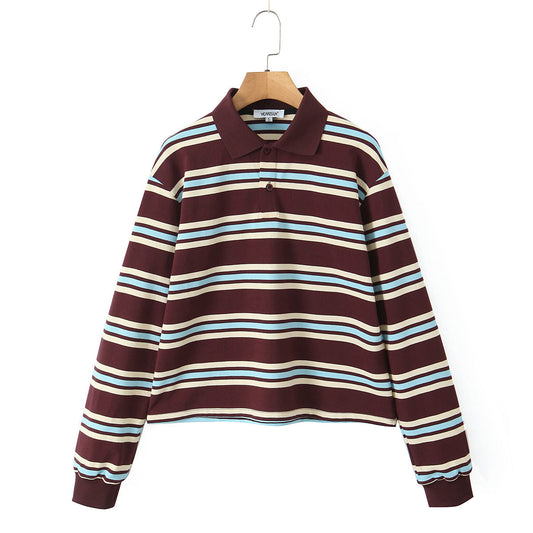 Camiseta polo de punto con rayas horizontales de colores contrastantes para mujer, ropa de otoño, camiseta de manga larga para mujer