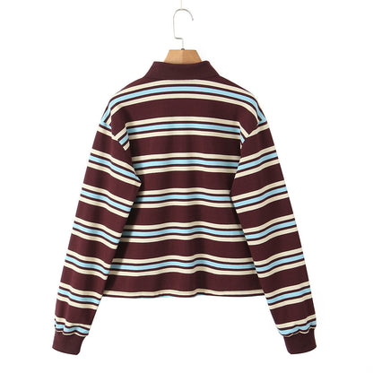 Camiseta polo de punto con rayas horizontales de colores contrastantes para mujer, ropa de otoño, camiseta de manga larga para mujer