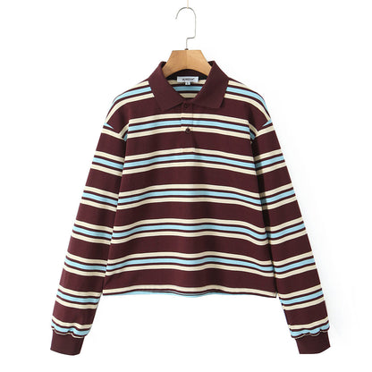 Camiseta polo de punto con rayas horizontales de colores contrastantes para mujer, ropa de otoño, camiseta de manga larga para mujer