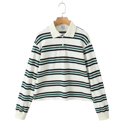 Camiseta polo de punto con rayas horizontales de colores contrastantes para mujer, ropa de otoño, camiseta de manga larga para mujer