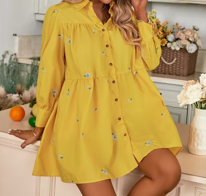 Vestido camisero informal de invierno para mujer, con cuello polo, manga larga y un solo pecho, bordado