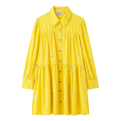 Vestido camisero informal de invierno para mujer, con cuello polo, manga larga y un solo pecho, bordado
