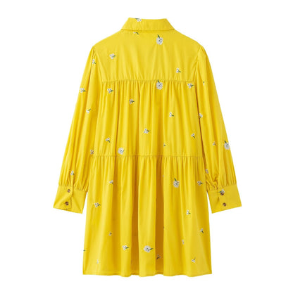 Vestido camisero informal de invierno para mujer, con cuello polo, manga larga y un solo pecho, bordado