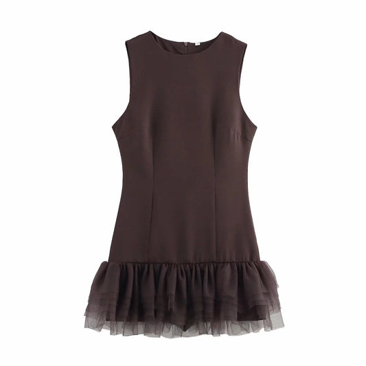 Women Winter Year Dress Silk Net Patchwork round Neck Sleeveless Slim Sexy Dress