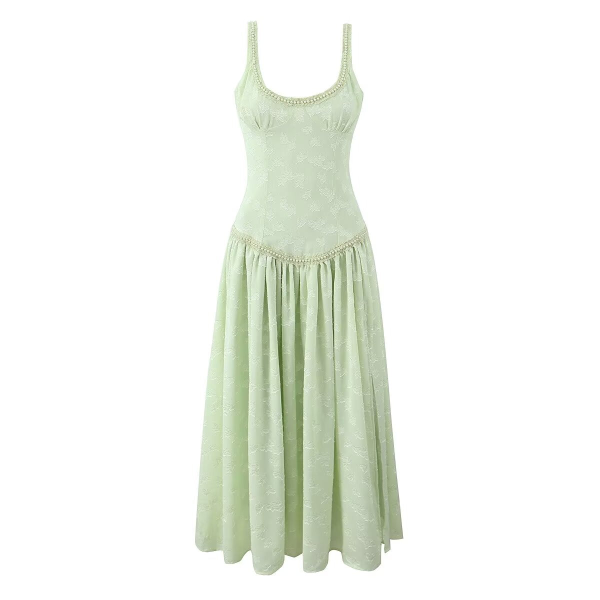 Vestido maxi sexy con abertura y diseño de perla decorativa en jacquard para mujer, vestido de tirantes para vacaciones en la playa
