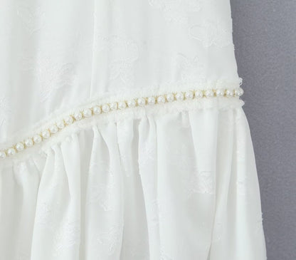 Vestido maxi sexy con abertura y diseño de perla decorativa en jacquard para mujer, vestido de tirantes para vacaciones en la playa