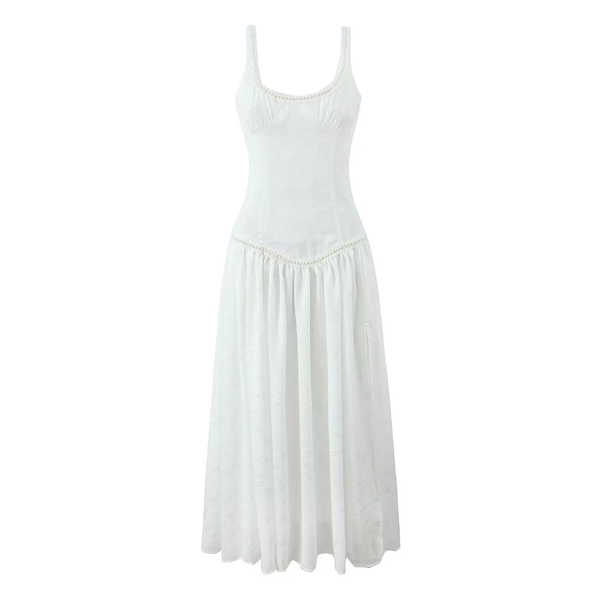 Vestido maxi sexy con abertura y diseño de perla decorativa en jacquard para mujer, vestido de tirantes para vacaciones en la playa