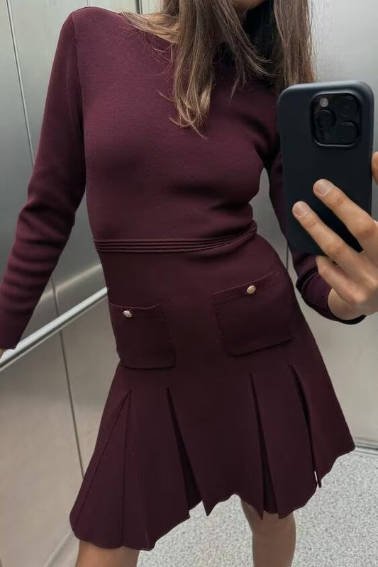 Women Clothing Long Sleeves Crew Neck Casual Plain Stitch Dress