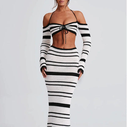 Conjunto de dos piezas formado por top y falda con cuello halter, manga larga y rayas, para mujer