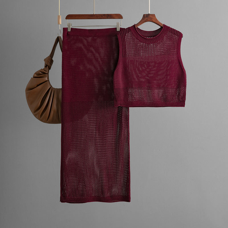 Conjunto de dos piezas de falda de punto con abertura y escote en V de verano sin mangas y ajustado