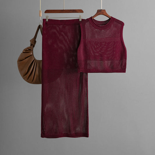 Conjunto de dos piezas de falda de punto con abertura y escote en V de verano sin mangas y ajustado