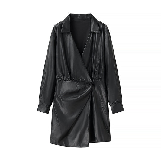 Winter Women Clothing Simple V neck Long Sleeve Irregular Asymmetric Dress