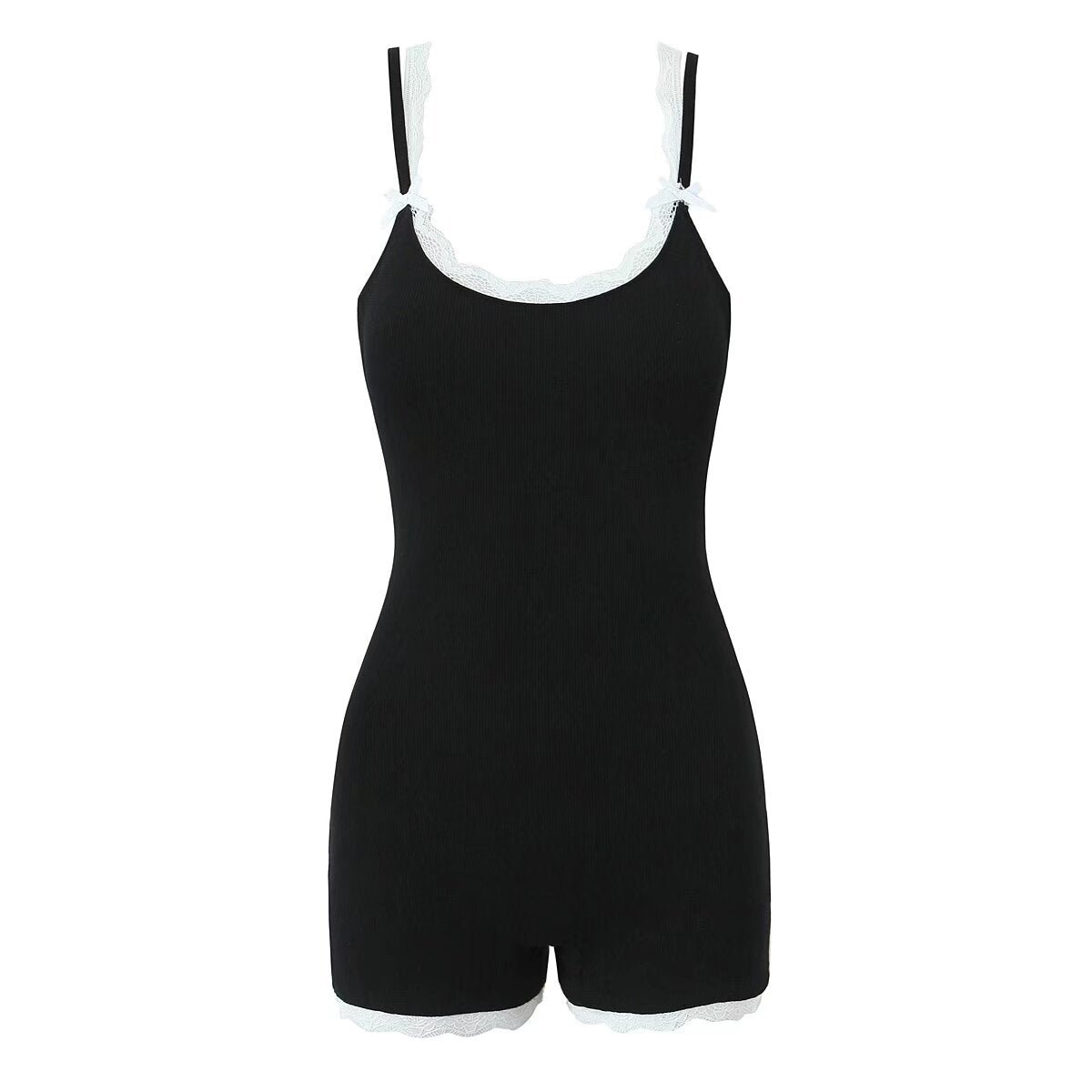 Mono de verano sexy con encaje en contraste de colores y tirantes finos, sin espalda, ajustado, pantalones cortos para mujer