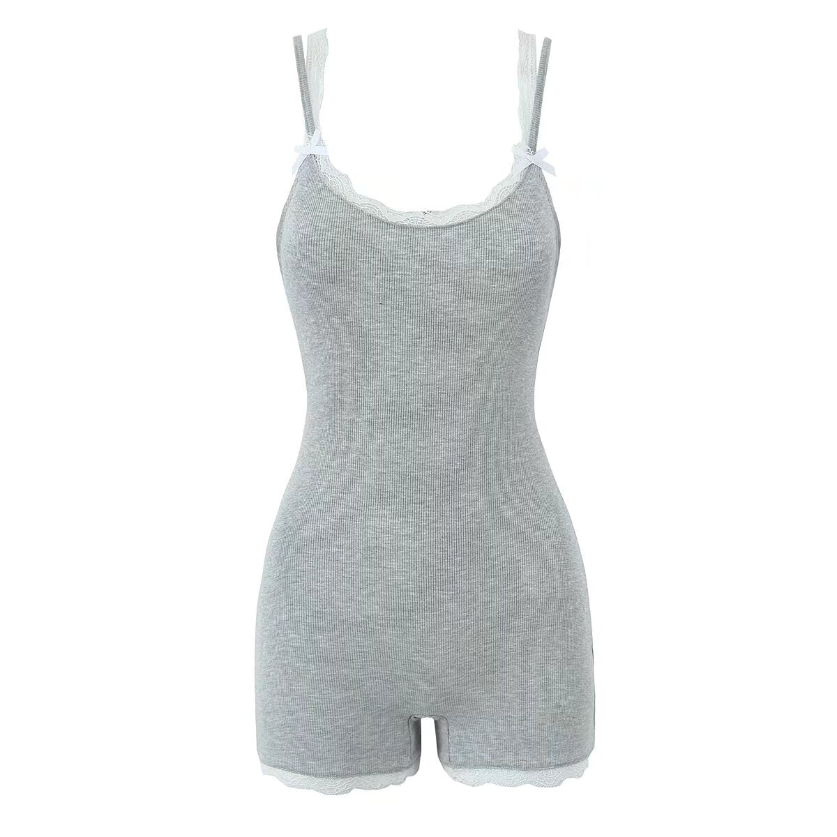 Mono de verano sexy con encaje en contraste de colores y tirantes finos, sin espalda, ajustado, pantalones cortos para mujer