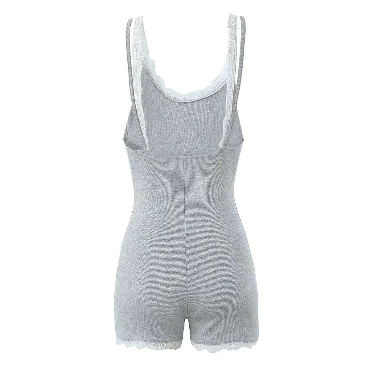 Mono de verano sexy con encaje en contraste de colores y tirantes finos, sin espalda, ajustado, pantalones cortos para mujer