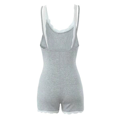 Mono de verano sexy con encaje en contraste de colores y tirantes finos, sin espalda, ajustado, pantalones cortos para mujer