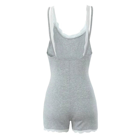 Mono de verano sexy con encaje en contraste de colores y tirantes finos, sin espalda, ajustado, pantalones cortos para mujer