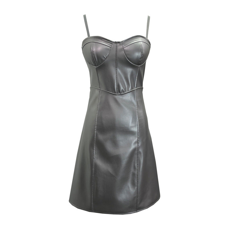 Vestido corto con almohadillas para el pecho, de piel sintética, estilo real, sexy, con tirantes, corte A y cintura adelgazante