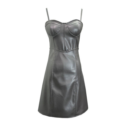 Vestido corto con almohadillas para el pecho, de piel sintética, estilo real, sexy, con tirantes, corte A y cintura adelgazante