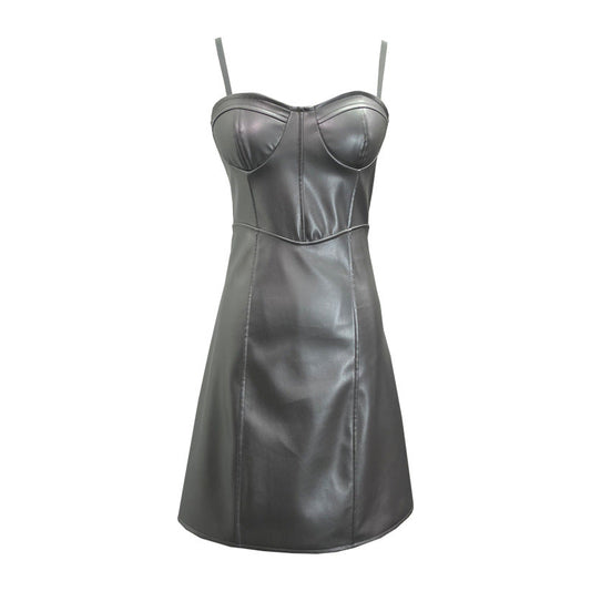 Real Shot Sexy Sling Sheath A line Faux Leather Waist Slimming Short Chest Pad Dress
