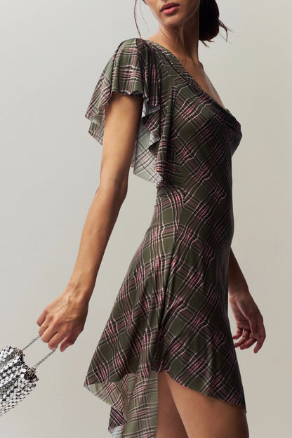 Vestido de primavera con cuello en diagonal y hombros descubiertos, estilo retro a cuadros, de diseño asimétrico irregular y elástico.