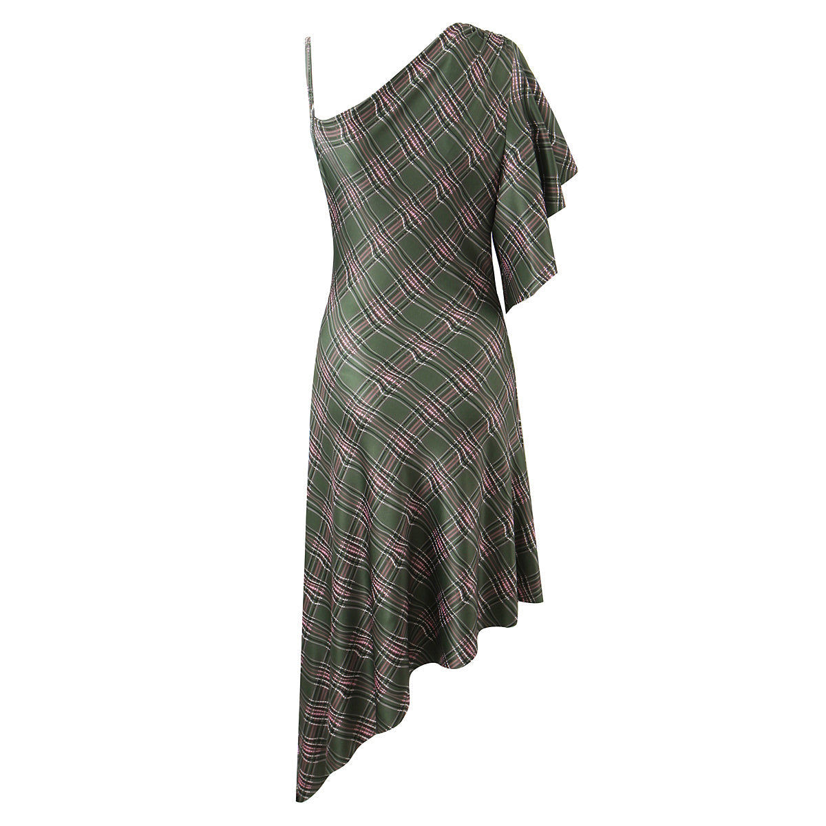 Vestido de primavera con cuello en diagonal y hombros descubiertos, estilo retro a cuadros, de diseño asimétrico irregular y elástico.