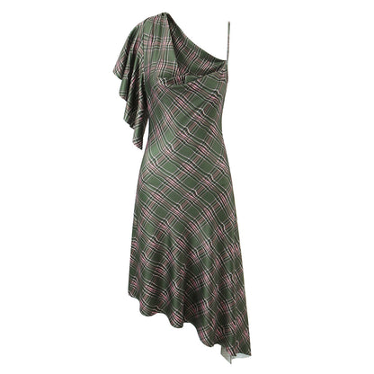 Vestido de primavera con cuello en diagonal y hombros descubiertos, estilo retro a cuadros, de diseño asimétrico irregular y elástico.