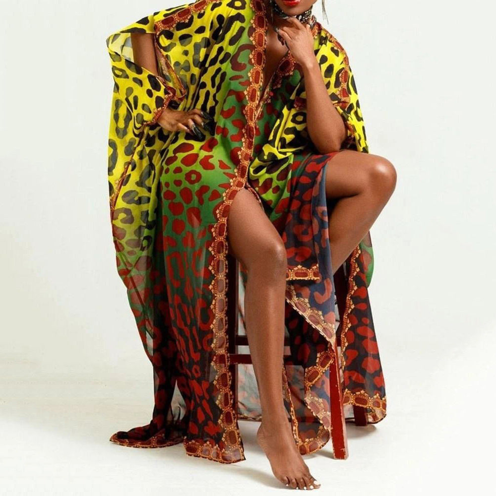 Vestido africano elegante de gasa con escote en V, largo hasta el suelo, de una sola botonadura, talla grande, para primavera y verano