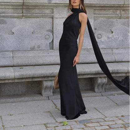 Vestido largo tipo halter con cinta y textura de satén de seda a la moda para mujer