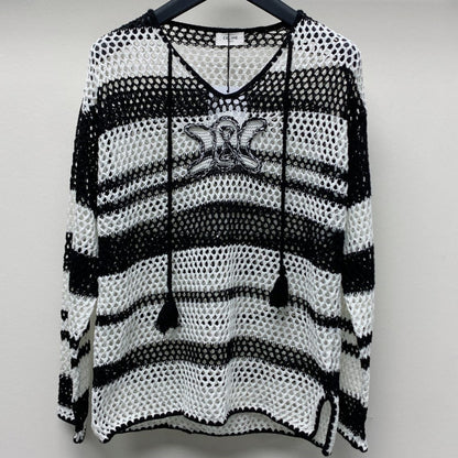 Celine 25 Hollow Crochet Cardigan Black White Wool Polyester 277568