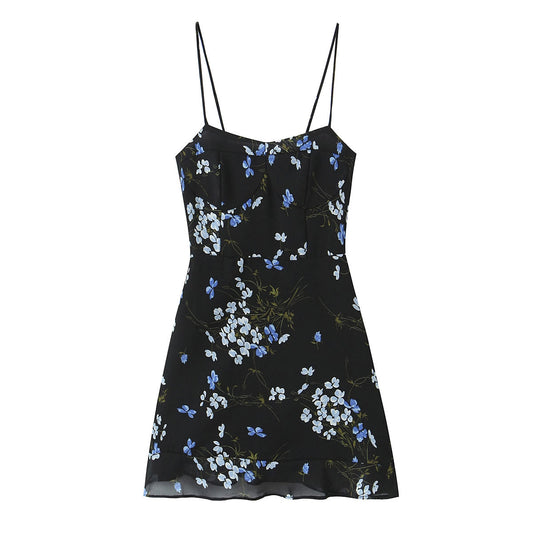 Vestido de primavera para mujer, ajustado, corto, con volantes y tirantes finos, estampado floral