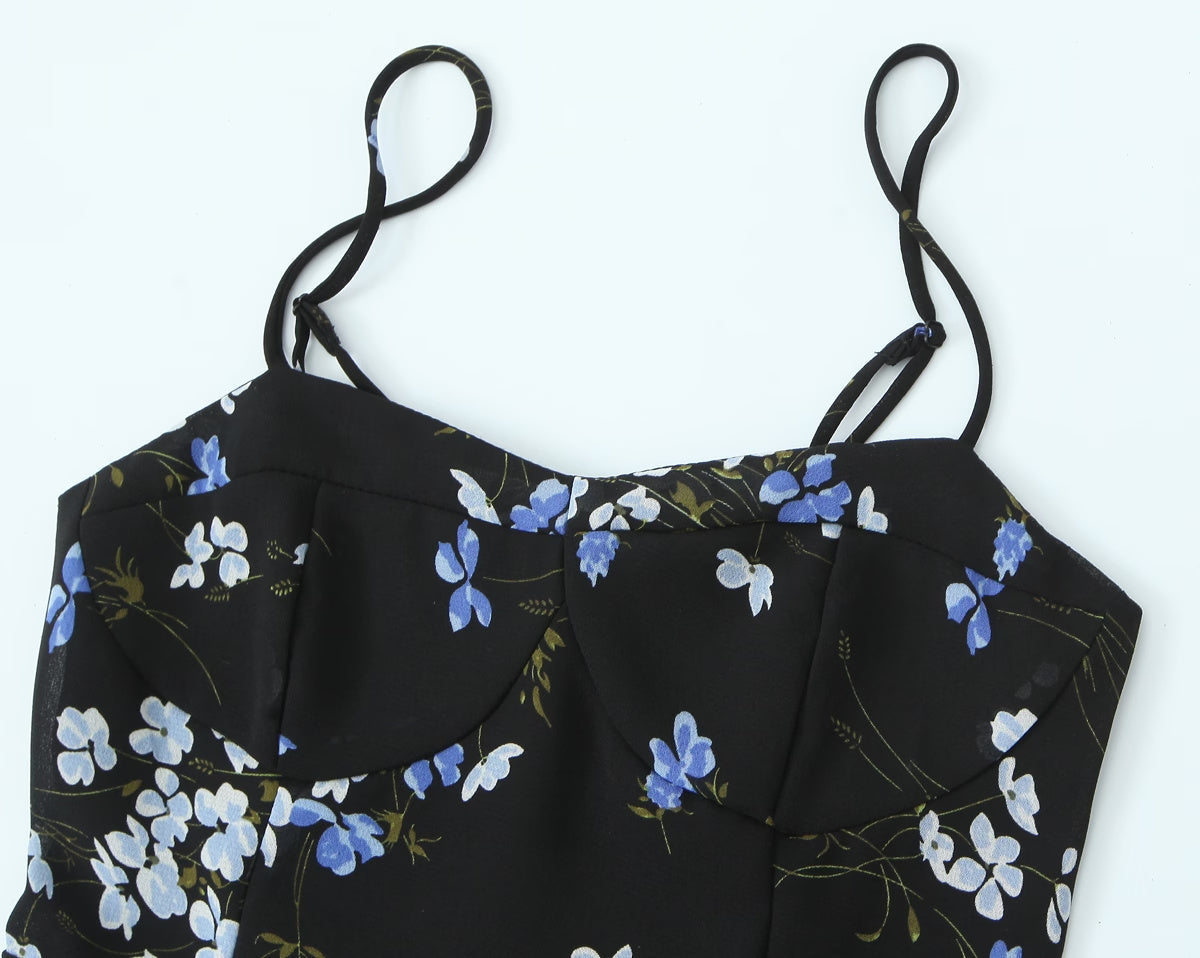 Vestido de primavera para mujer, ajustado, corto, con volantes y tirantes finos, estampado floral