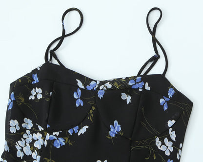 Vestido de primavera para mujer, ajustado, corto, con volantes y tirantes finos, estampado floral